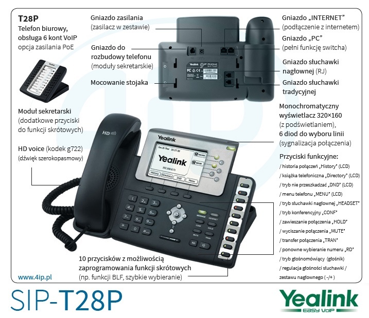 Telefon sekretarski Yealink SIP-T28P na 6 linii VoIP Telefon sekretarski Yealink SIP-T28P na 6 linii VoIP